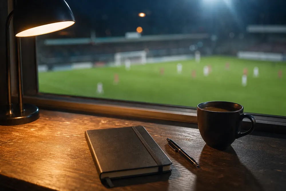 Notizbuch, Stift und Kaffeetasse auf einem Holztisch am Fenster mit Blick auf das beleuchtete Spielfeld